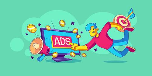 Pay per click, ads marketing strategy. Man click on advertising banner on computer screen, icons of money, target and megaphone, vector illustration in contemporary style