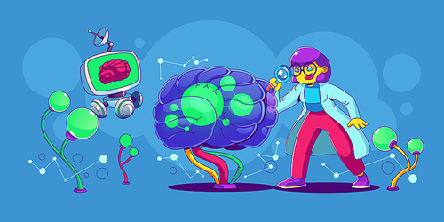 Neuroscience, machine learning, scientific research. Contemporary female character in lab coat checking artificial brain neurons connected into neural network, Cartoon linear flat vector illustration