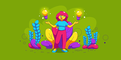 Choice between two ideas, best solution, decisions comparison concept. Doubt woman scales light bulbs on hands standing on lawn with abstract plants, vector illustration in contemporary style