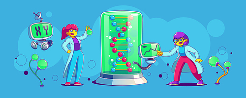 Biotechnology science research, genetic experiments, genome analysis concept. Women scientists work with DNA molecule model, computers and flasks, vector illustration in contemporary style