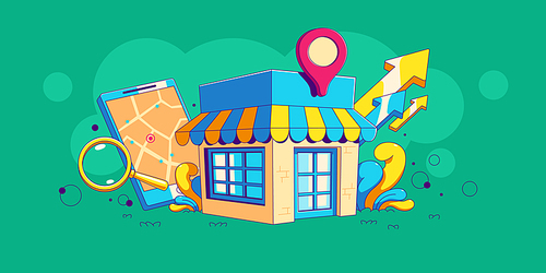 Local store, business seo optimization contemporary concept with shop building, tablet with map, location pin, arrows and magnifier. Market strategy campaign, Cartoon linear vector illustration