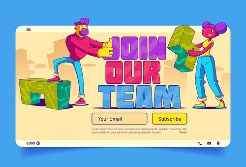 Join our team cartoon landing page with contemporary characters team work together set up abstract puzzle geometric shapes. Hr hiring, job research concept for applicants, Vector web banner template