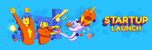 Startup business launch banner template. Contemporary vector illustration of funny characters pushing button to fire rocket, illuminated light bulbs, growth arrows. Creative idea implementation
