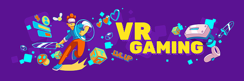 Virtual reality gaming, metaverse banner. Contemporary man in vr headset fight with sword in cyberspace. Futuristic innovation, game simulation, experience in meta verse, Cartoon vector illustration