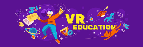 VR education poster. Concept of virtual reality technologies, metaverse for learning. Girl student in VR glasses and icons of different sciences, vector illustration in contemporary style