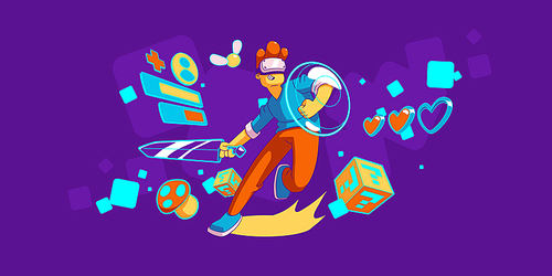 Young man enjoying vr gaming experience. Contemporary vector illustration of teen character in virtual reality headset, playing with digital sword and shield. Modern technology for leisure activity