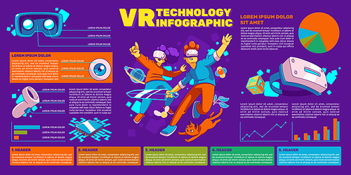 Vr technology infographic, visual chart with virtual reality gaming, metaverse information. Info banner with contemporary characters wear glasses playing in futuristic cyberspace, vector illustration