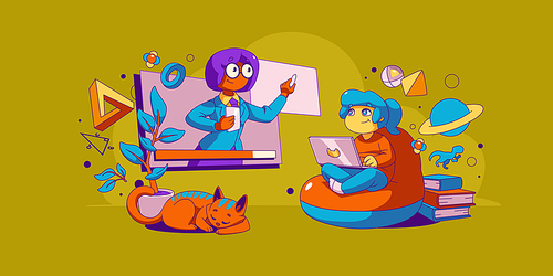 Kid online education, virtual school concept with little child student listen lesson on computer screen with teacher explain information remotely. Home schooling linear cartoon vector illustration