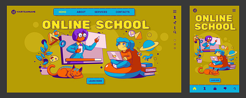 Online school website templates set. Contemporary vector illustration of happy kid sitting home with laptop, having lesson with teacher via internet. Landing page for computer and mobile gadget