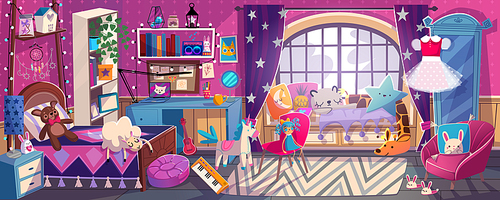 Girl bedroom interior, cute room in princess style and pink colors. Bed, curtained window, cupboard, shelf, Dress on hanger and toys, comfortable girlish living space, Cartoon vector illustration