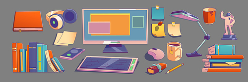 Set of workplace objects computer monitor, keyboard, mouse, smartphone, books and headphones. Sticky notes, coffee cup, pencil and chocolate bar, Cartoon linear vector illustration in retro colors