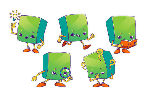 Rectangular parallelepiped or cuboid cartoon character emotions. Isolated math personage having idea, reading book, run, searching information, thinking, funny creature for kids school game vector set