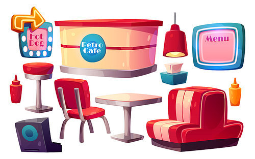 Retro cafe furniture set isolated on white background. Vector cartoon illustration of couch, table, chair, stool, counter, lamp, menu board, illuminated direction sign. Bistro interior design elements