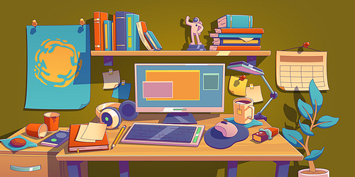 Home or office workplace with desk, computer and books on shelf. Student room interior with table, monitor, keyboard, lamp, paper notes and tea cup, vector illustration in contemporary style