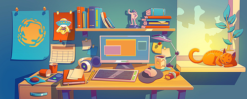 Messy teenagers work space at home. Contemporary vector illustration of students room interior, computer on desk with dirty cups and papers, books on shelf, pictures on wall, cat sleepig on windowsill