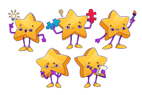 Cute star character, funny emoticon icons. Childish set with yellow star with jigsaw pieces, light bulb, brush, paper notes and pointing gesture, vector illustration in contemporary style