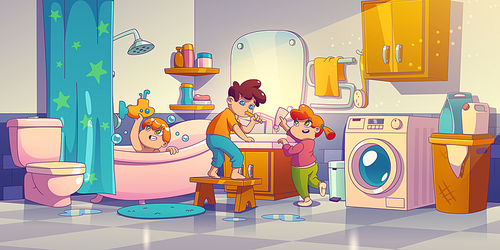 Kids at home bathroom, little children washing in tub with soap bubbles and toys, brushing teeth, doing hygiene procedures, family characters daily routine before sleeping, Cartoon vector illustration