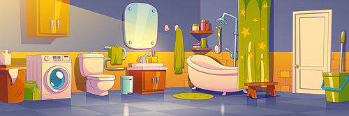 Home bathroom interior, room with furniture and household supplies. Toilet, bathtub with curtain and shelves, mirror, sink and washing machine, linen basket, bucket and mop Vector cartoon illustration