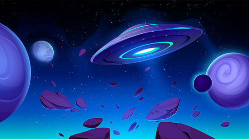 Ufo saucer in outer space with planets and stars in dark sky. Alien spaceship with glowing lights flying in galaxy, cosmos or universe futuristic fantasy scene for pc game, Cartoon vector illustration