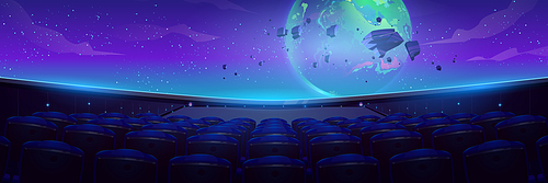 Planetarium interior with huge spherical display and many empty seats. Cartoon vector illustration of movie about space, Earth planet and asteroids on cinema screen in empty hall. Astronomy science