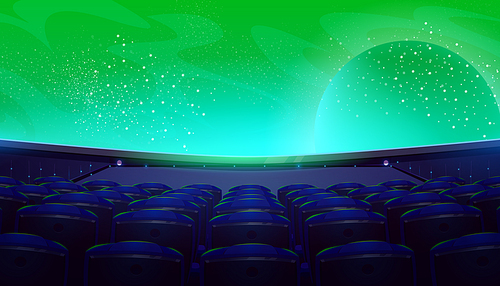 Movie theater, dark cinema hall with wide screen and seats rear view. Empty interior with space galaxy and planet in green starry sky on screen, chair backs in darkness, Cartoon vector illustration