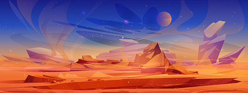 Mars surface, alien planet landscape with sand or dust storm. Cartoon background with dusty wind in red desert with rocks crater and stars shine on dark night sky. Martian backdrop Vector illustration