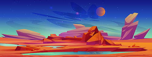 Mars surface, alien planet landscape with water pond, rocks and stars shine on dark night sky. Cartoon game background lake in with red desert. Martian extraterrestrial backdrop, Vector illustration