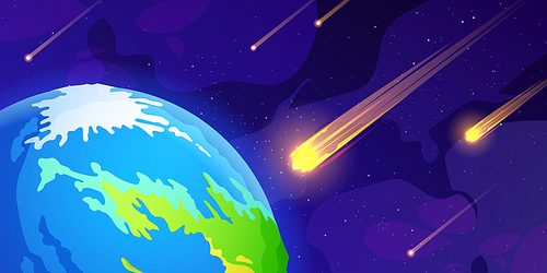 Many asteroids flying towards Earth in outer space. Vector cartoon illustration of rocky meteors with fire trails approaching planet surface, dark sky background with many stars. Apocalypse danger