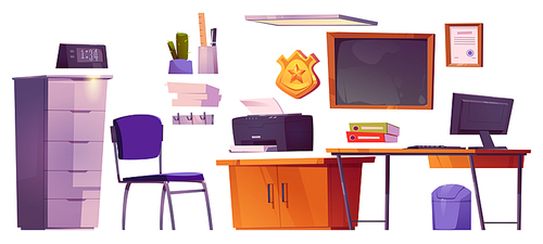 Police station office inside with desk, computer, chair, file cabinet, gold badge on wall and blackboard. Police department room, detective workplace furniture, vector cartoon set