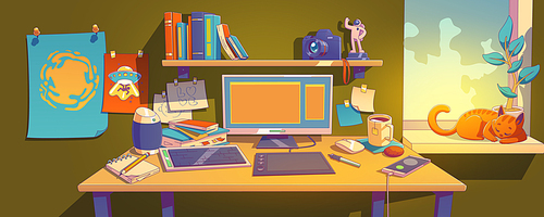 Digital artist home workplace with computer and graphic tablet on desk, books and camera on shelf. Graphic designer room interior with table, monitor, notes, vector illustration in contemporary style