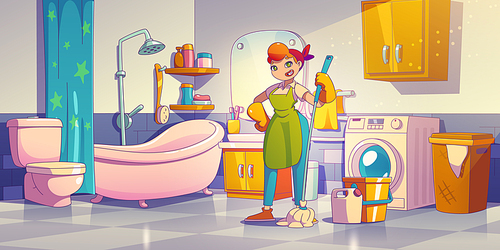 Woman with mop cleaning bathroom, does housework, sweeps tiled floor. Professional cleaner in apron with broom and bucket in bathroom with toilet and sink, vector illustration in contemporary style