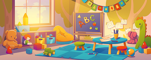 Colorful kindergarten room interior. Contemporary vector illustration of playroom for children with dolls, teddy bear, blocks, toy car on floor, pencils and paper on table. Preschool education