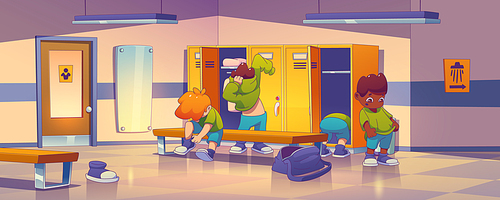 School gym locker room with kids changing sport uniform. Male dressing room interior with lockers, benches, mirror and boys, vector illustration in contemporary style