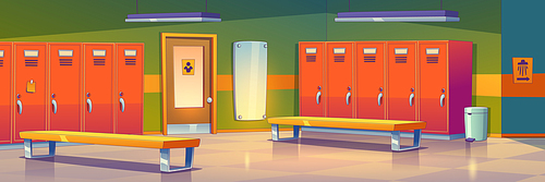 Empty dressing room background with individual metal lockers, benches, mirror and shower sign on wall. Contemporary vector illustration of space for changing clothes at school, sports gym or hospital