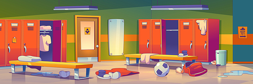 Messy locker room with clutter, soccer ball, clothes, shoes, bag, trash and water on floor. School gym dressing room interior with lockers, benches, mirror, vector illustration in contemporary style