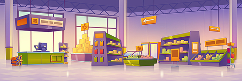 Supermarket store interior design. Contemporary vector illustration of modern shopping mall with food, beverages on shelves and in fridges, arrow signs, checkout. Retail sale business. Game background