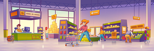 Supermarket with customers, shelves and stands with products. People with baskets and trolley buy food in grocery store, wholesale market, vector illustration in contemporary style