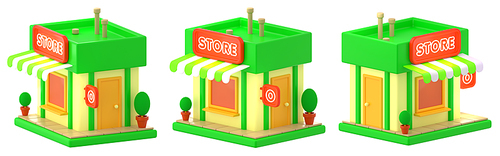 3d render store building, market stall, fair booth or kiosk with striped awning, green roof, wooden door, window and potted plant. Vendor counter for street trading, Cartoon illustration plastic style