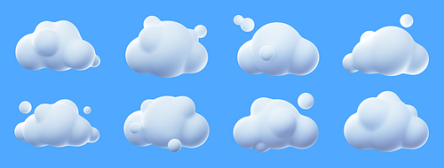 3d render white clouds, fluffy spindrift or cumulus eddies. Flying weather and nature design elements balloons isolated on blue background, illustration in cartoon plastic style, icons set