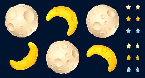 Full and crescent moon in different position, white, yellow and blue turning stars isolated on dark background. Planet symbol, satellite with craters, 3d render illustration