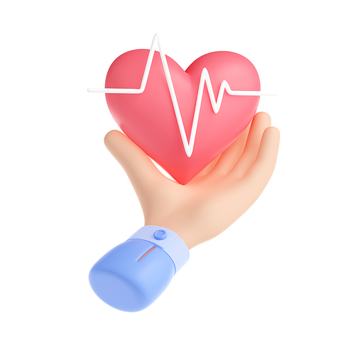 3d render hand holding heart with beat monitor pulse line. Medical design for cardiology app or website, health preservation isolated Illustration on white background in cartoon plastic style