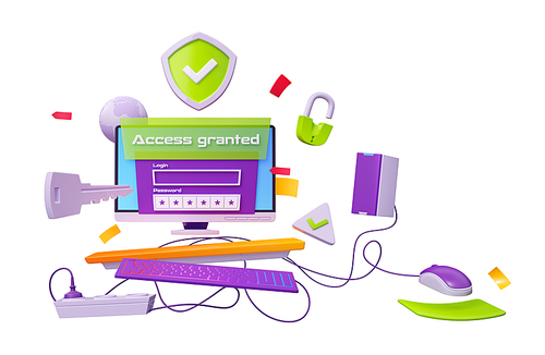 Computer security, data protection concept. Computer screen with account verification with login and password, green shield, lock, key and access granted banner, 3d render illustration
