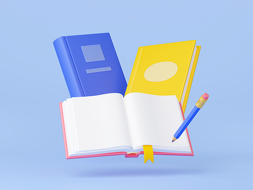 3D illustration of open, closed books and pencil. Yellow and blue textbooks, unfolded notepad with blank pages. Educational literature. Source of knowledge. Symbol of studying at school or university