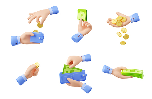 3d render hand with money isolated set. Concept of payment, savings, transaction with businessman palms holding wallet, coins and bills, Illustration in cartoon plastic style on white background