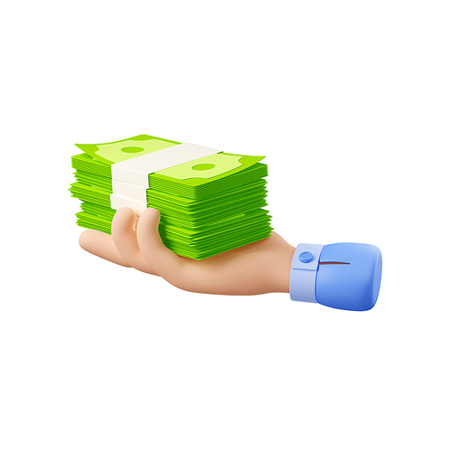 3d render hand holding money, businessman palm with stack of dollar banknotes. Business, economics, finance wealth, loan, donation, investment concept, isolated Illustration in cartoon plastic style