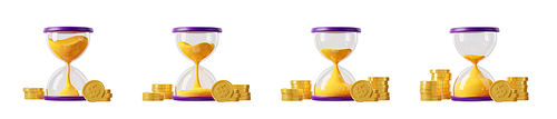 Time and money concept with sand hourglass and coins stacks. Wealth growth, income, financial profit, investment process. Set of sandglass and gold dollar coins, 3d render illustration