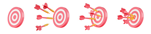 3d render bullseye target, darts with arrows isolated set. Pink goal circle, aim, dart board. Business concept of success, accuracy, Archery sport or game, Illustration in cartoon plastic style