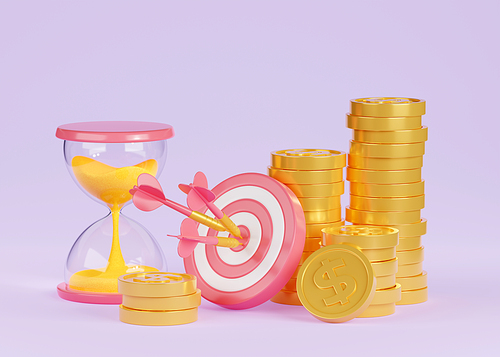 3d render bullseye target, sandglass and golden coins stacks around. Darts board with arrows in center, hourglass and money. Business concept of finance success, investments, income, goal achivement