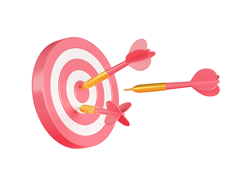 3D illustration of red darts hitting dartboard target icon isolated on white background. Concept of success in business challenge, achievement of goal, marketing strategy. Web page design element