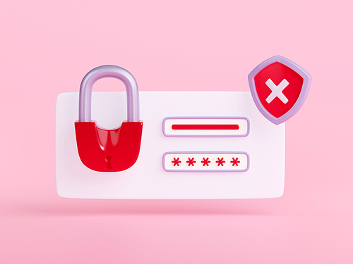 3D illustration of wrong password screen with red lock and crossmark shield. Access denied symbol. Data security system. Privacy protection. Cyber attack prevention. User interface design element